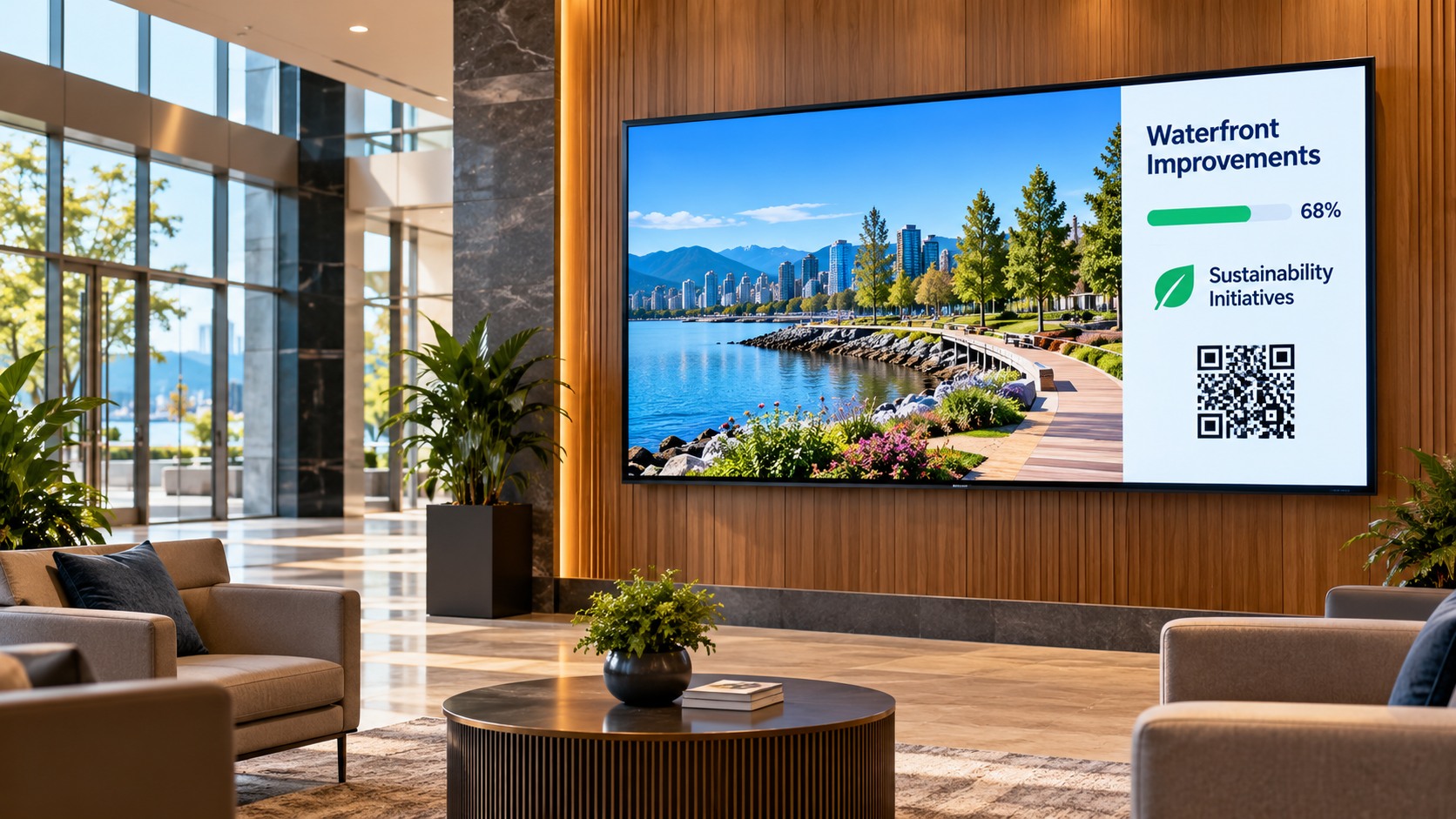 Illustration of a FolioProjects project information display installed in a commercial building lobby