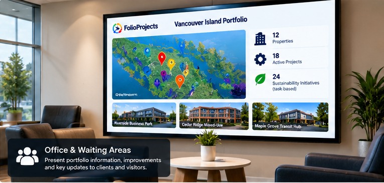 Illustration of a portfolio information display in a professional office waiting area