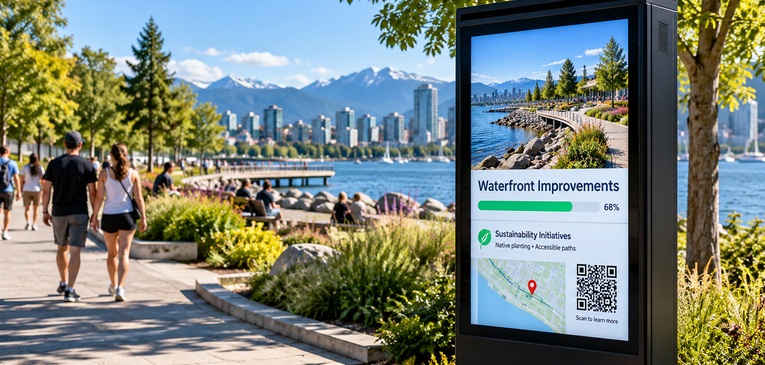 Illustration of a public project information kiosk along a waterfront park